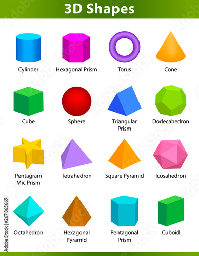 set 3D shapes vocabulary in english with their name clip art collection for child learning, colorful geometric shapes flash card of preschool kids, simple symbol geometric 3d shapes for kindergarten