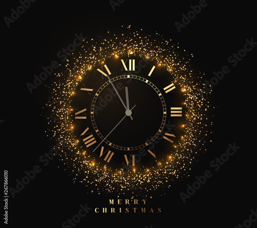 New Year shiny gold clock, five minutes to midnight. Merry Christmas