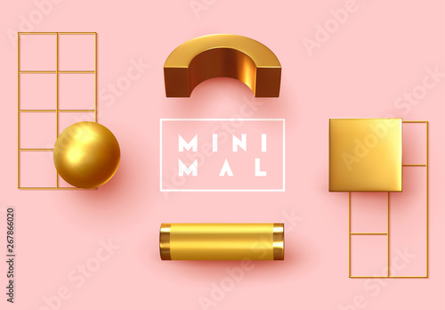Abstract background with golden geometric elements. 3d shape vector minimal poster.