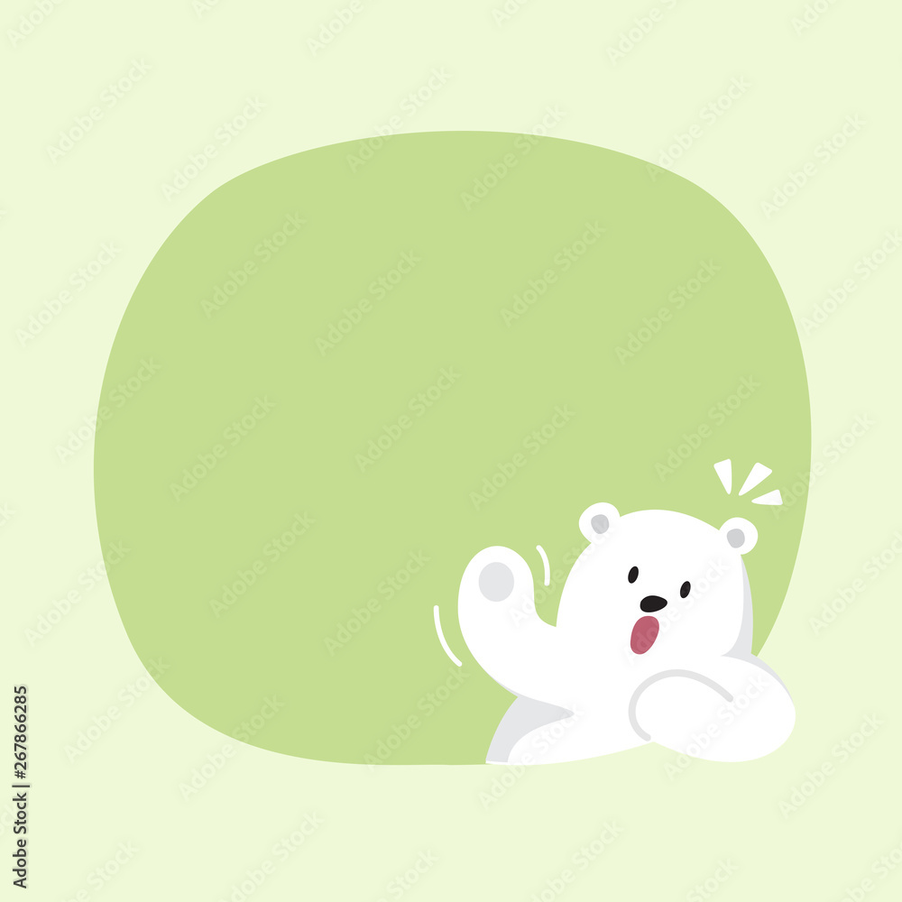 Fototapeta premium white bear cartoon character cute on green pastel color background for banner copy space empty, white bear on speech bubble template, empty banner teddy bear mascot cartoon beautiful