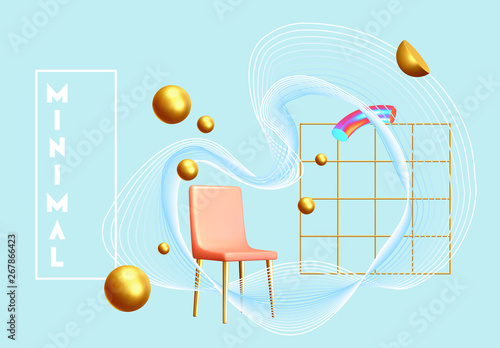 Abstract background with golden geometric elements. 3d shape vector minimal poster. Realistic gold objects. Creative art composition