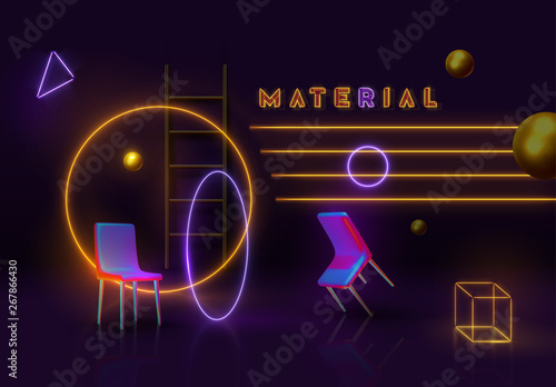Abstract background with neon gradient geometric elements. 3d shape vector minimal poster. Realistic gold objects. Creative art composition