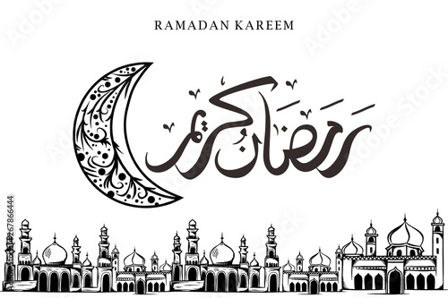 Ramadan kareem greeting design vintage sketch drawing of moon and mosque with arabic calligraphy for Islamic card and poster