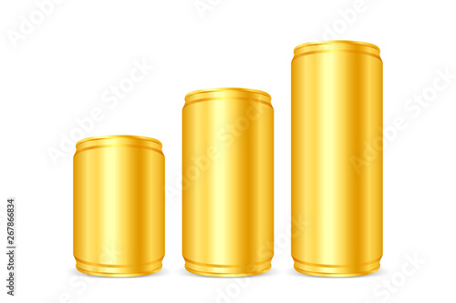 Canned gold, Iron cans golden, Set blank metallic gold beer or soda cans isolated on white, Empty tin drink can template presentation cans 3D, Mock up canister gold for design products canned golden