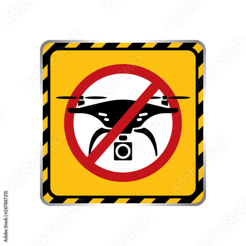 icon No drone zone Warning sign in frame black and yellow stripe, Flights with drone prohibited, No drones icon in Prohibition red sign isolated on white background