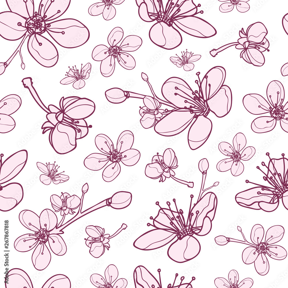 Vector pink dogwood flower blossoms seamless pattern texture background. Perfect for wallpaper, scrapbooking, invitations, or fabric.