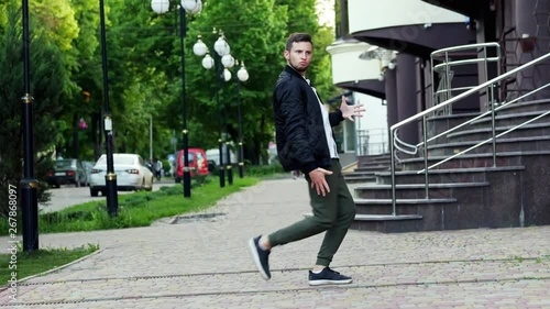 Crazy funny dance on the street, very happy man, winning concept