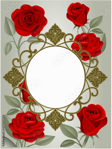 Wedding invitation card with red roses and gold decoration frame