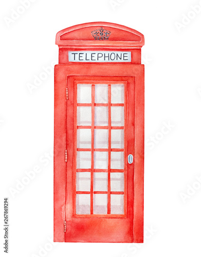 British red telephone box watercolor illustration. One single object  front view  bright beautiful gradient. Handdrawn water color artistic sketchy paint  cutout clipart element for design decoration.