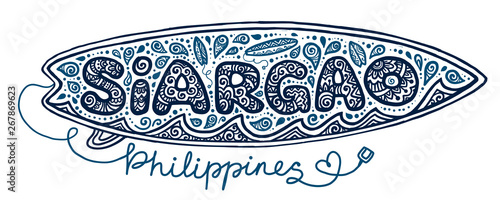 Hand drawn doodle style surfboard with surfing elements at sign Siargao island, Philippines isolated on white background
