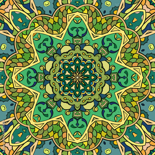 Seamless tracery tile mehndi design. Ethnic ornament, colorful doodle symmetry texture. Folk traditional spiritual tribal design. Curved doodling motif. Color art. Vector