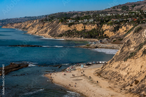 Aerial view of the Pacific Coast in San Pedro, California, at the White Point Royal Palms beach, popular for surfing, snorkeling, SCUBA diving, fishing, picnicking, hiking and dog walking.  