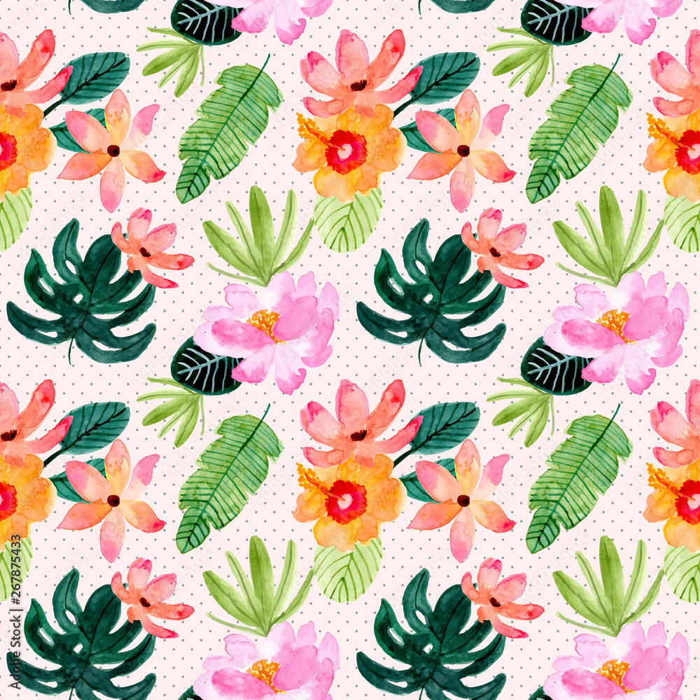 tropical summer floral watercolor seamless pattern