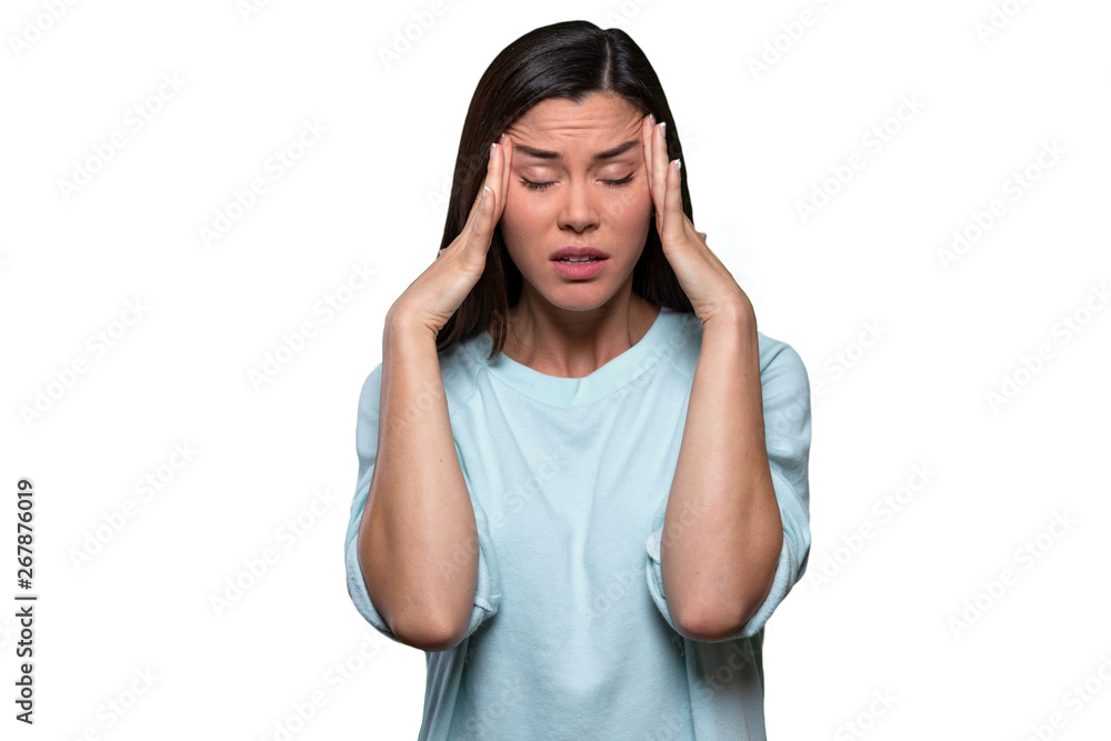 Woman overwhelmed with stress and concern, confusion and doubt, hands to head, isolated on white background Woman overwhelmed with stress and concern, confusion and doubt, hands to head, isolated on white background