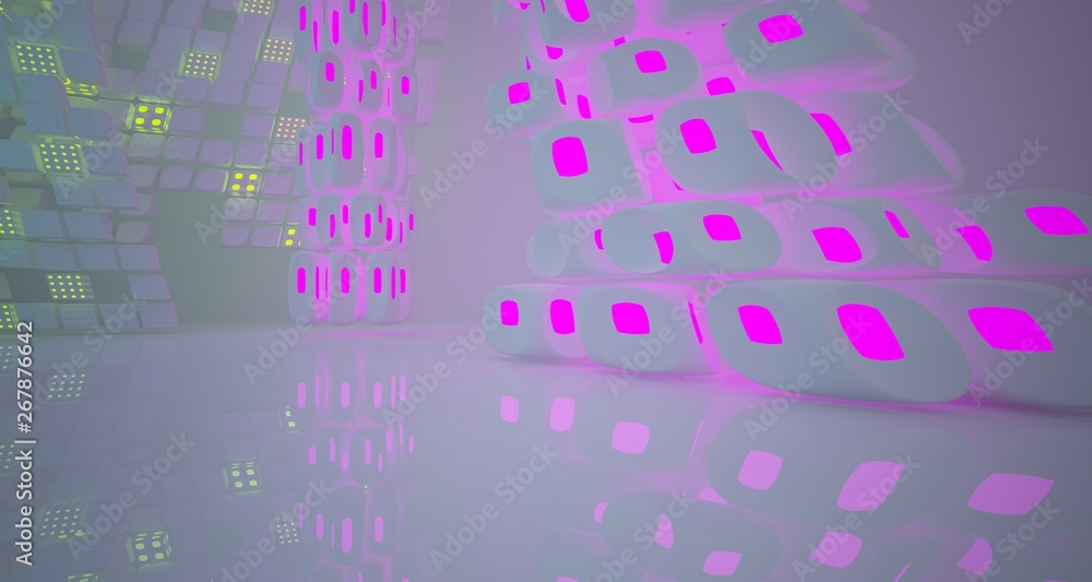 Abstract white Futuristic Sci-Fi interior With Pink, Blue And Green Glowing Neon Tubes . 3D illustration and rendering. Abstract white Futuristic Sci-Fi interior With Pink, Blue And Green Glowing Neon Tubes . 3D illustration and rendering.
