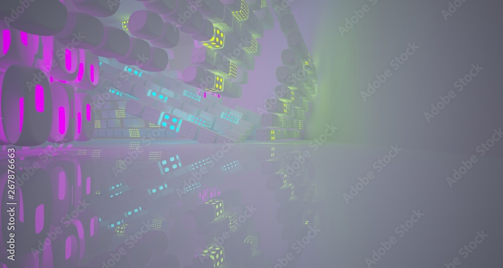 Abstract white Futuristic Sci-Fi interior With Pink, Blue And Green Glowing Neon Tubes . 3D illustration and rendering. Abstract white Futuristic Sci-Fi interior With Pink, Blue And Green Glowing Neon Tubes . 3D illustration and rendering.