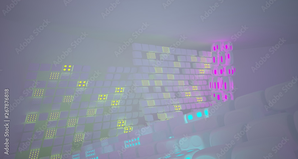Abstract  white Futuristic Sci-Fi interior With Pink, Blue And Green Glowing Neon Tubes . 3D illustration and rendering.