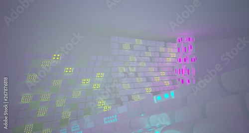 Abstract white Futuristic Sci-Fi interior With Pink, Blue And Green Glowing Neon Tubes . 3D illustration and rendering.
