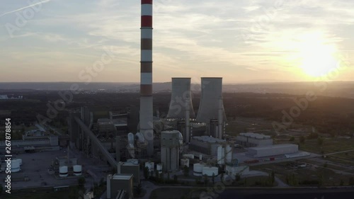 Thermoelectric power plant drone shot at sunset.  Panoramic shot in Portugal photo