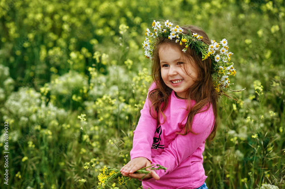 Portrait of a beautiful little girl in a wreath of wild flowers . Children on a walk Portrait of a beautiful little girl in a wreath of wild flowers . Children on a walk