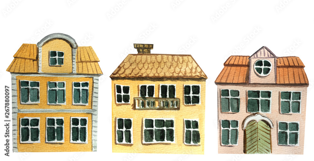 set of european two-story houses on a white background. watercolor illustration for design