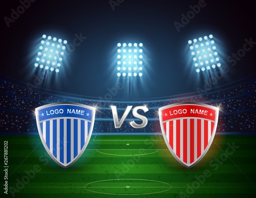 Team A vs team B, football arena with bright light stadium design. vector illustration