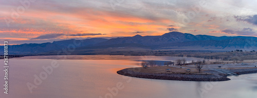 Winter Sunset at Chatfield - A panoramic sunset view of Chatfield Reservoir at the foothill of Front Range of Rocky Mountains. Chatfield State Park, Littleton, Colorado, USA. photo