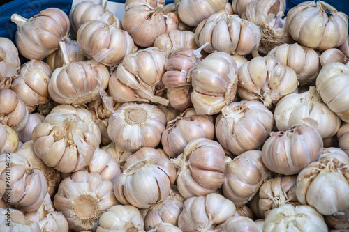 Garlic close up in green basket background.