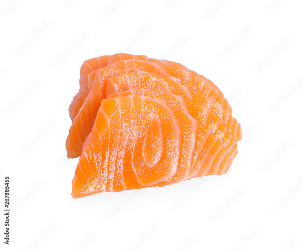 Slices of Raw Salmon Fillet Isolated on White Background Top View Slices of Raw Salmon Fillet Isolated on White Background Top View