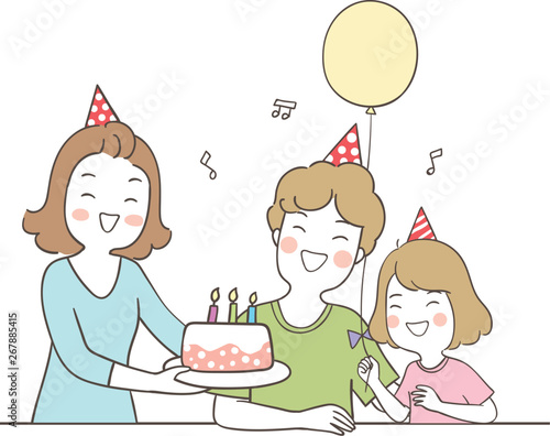 Vector happy family mother and girl with cake.