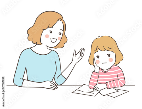 Vector a girl doing homework with mother.