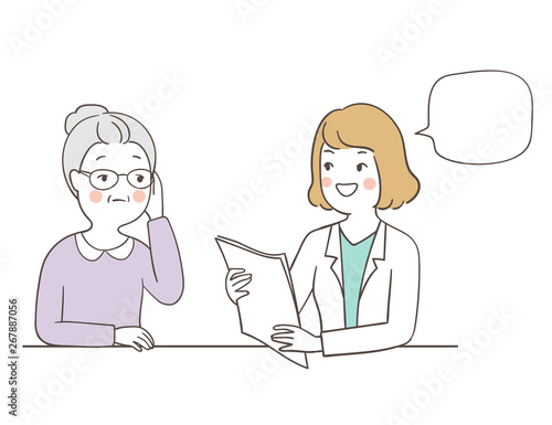 Vector elder woman headache and to see doctor.