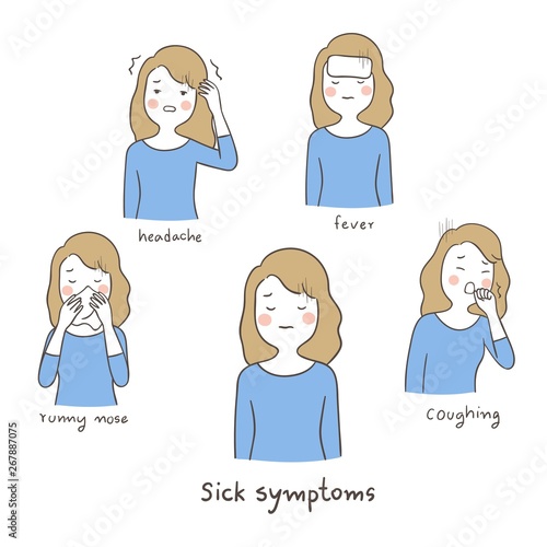 Vector woman sick symptoms headache fever runny nose.