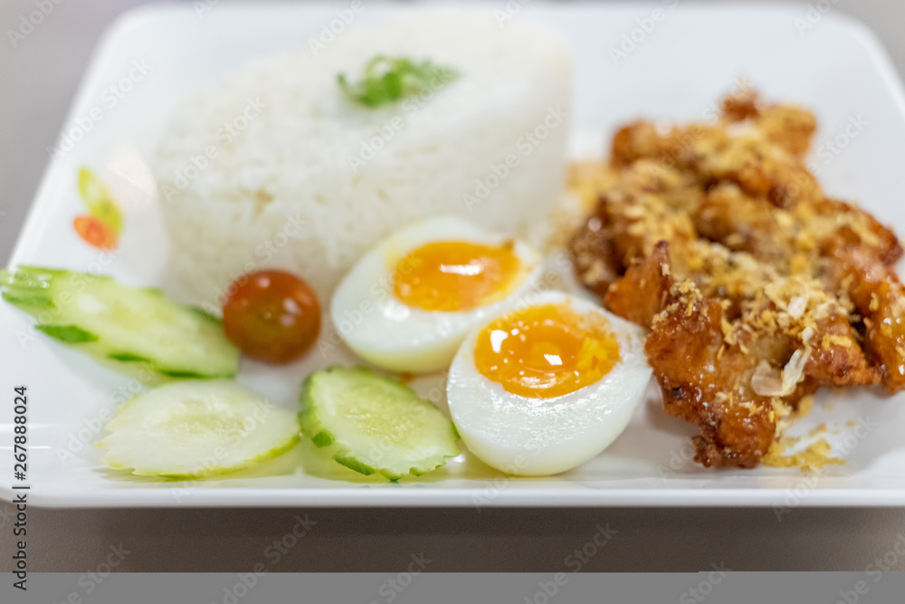 Fried Chicken with Garlic Pepper and boiled egg on Rice Fried Chicken with Garlic Pepper and boiled egg on Rice