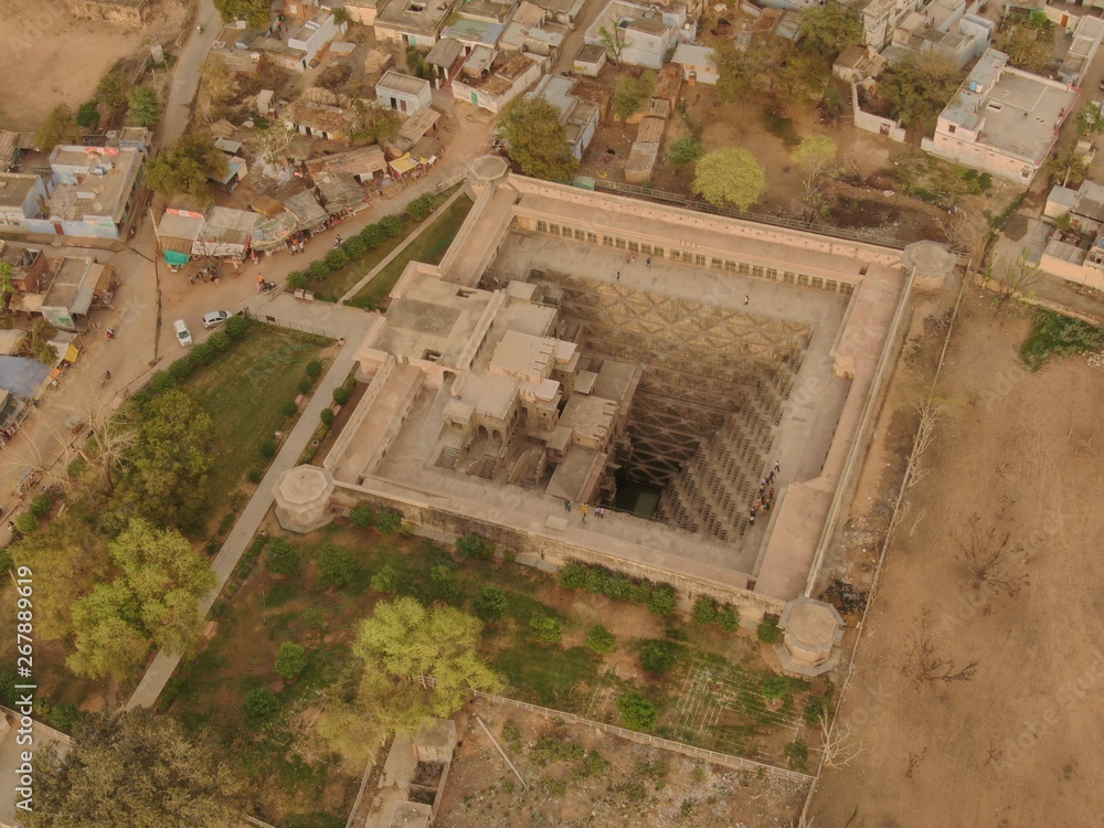 Chand Baori step well, Abhaneri, India, 4k aerial drone ungraded/flat  footage Photos | Adobe Stock