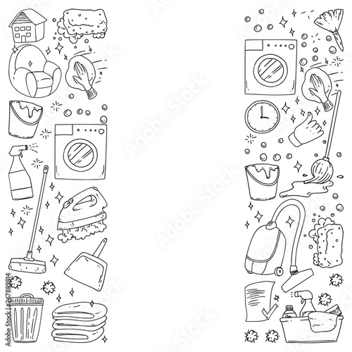 cleaning services company vector monochrome pattern on white background, drawing.