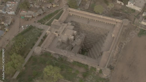 Chand Baori step well, Abhaneri, India, 4k aerial drone ungraded/flat footage photo