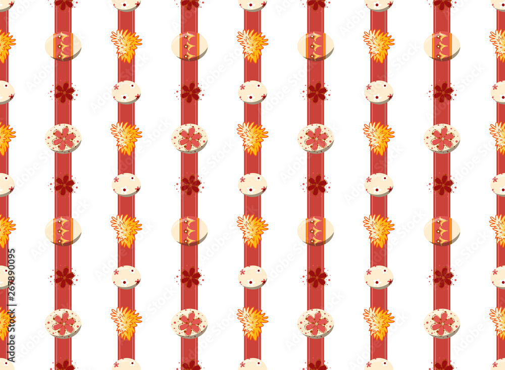 Vector seamless pattern. Cute vertical lines, Eastern eggs and grass on blue ribbon. Flat simple minimalistic style, elements for spring design. Perfect for Easter, kitchen design. Abstract background Vector seamless pattern. Cute vertical lines, Eastern eggs and grass on blue ribbon. Flat simple minimalistic style, elements for spring design. Perfect for Easter, kitchen design. Abstract background