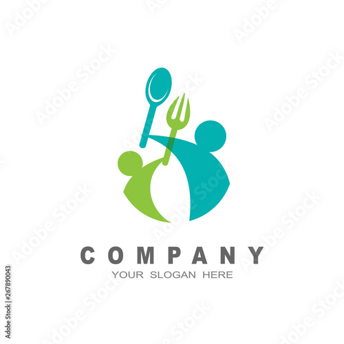 happy food logo, people with fork and spoon logo , restaurant icon 
