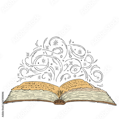 Open magic book hand drawn. Stars and curls on the pages of an old book. Mystical concept. Vector illustration of vintage style sketch