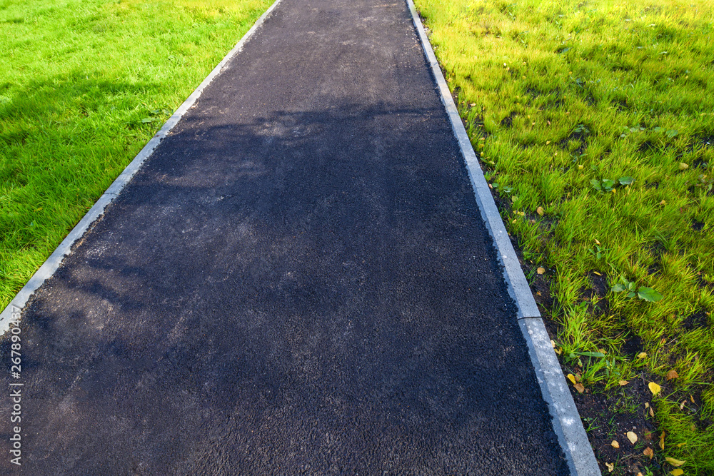 The asphalt path is black, the edges are bright green grass. Horizontal photography.