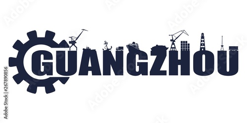 Gear with sea shipping and travel relative silhouettes.. Calligraphy inscription. Guangzhou city name text