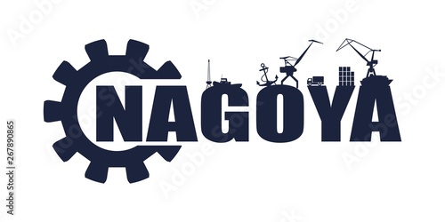 Gear with sea shipping and travel relative silhouettes.. Calligraphy inscription. Nagoya city name text