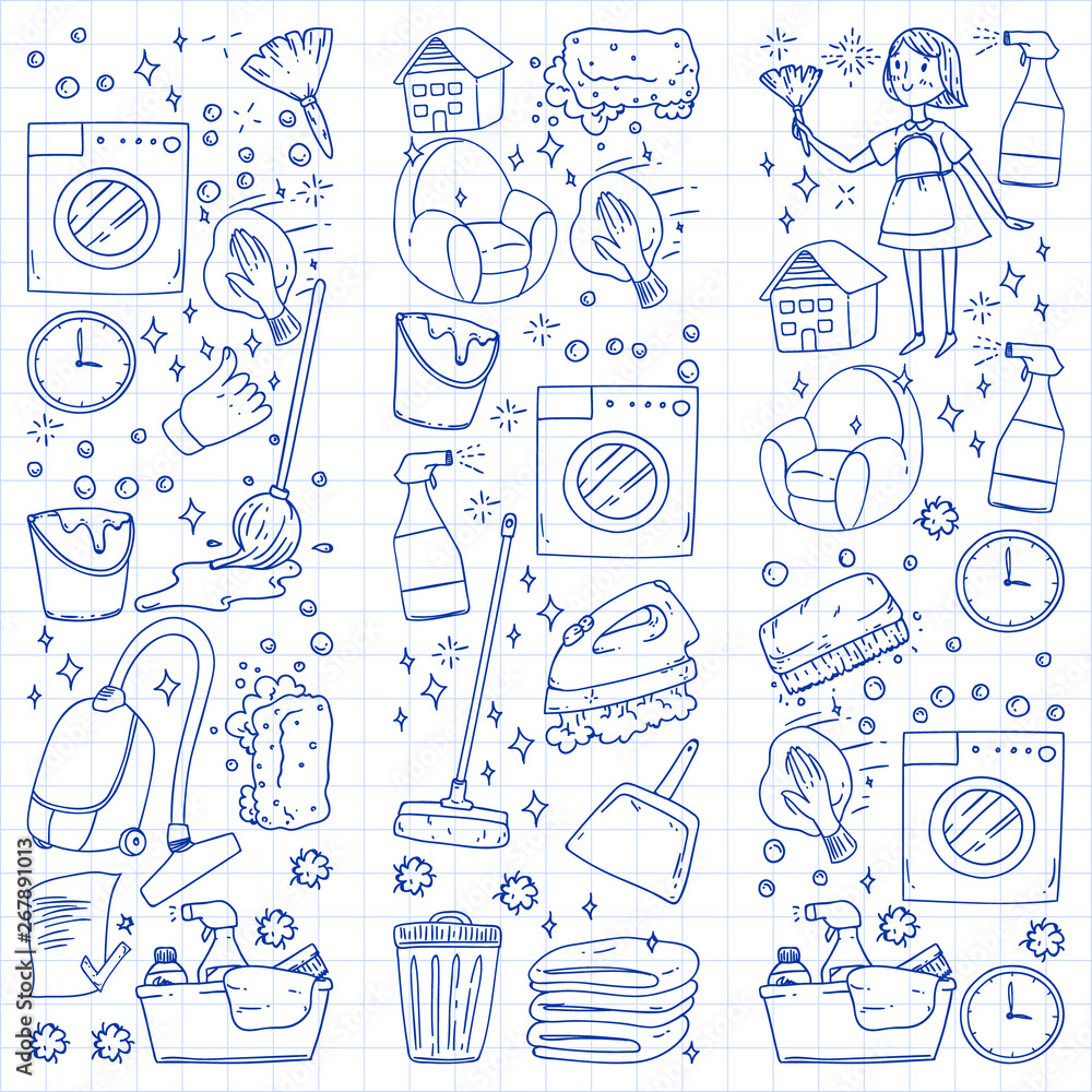 cleaning services company vector monochrome pattern on blue background, drawing pen.