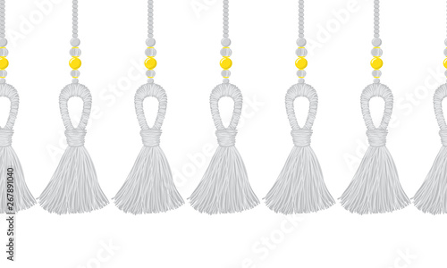 Seamless border pattern, abstract vector elements for design. Neutral abstract horizontal border, divider, shades of gray colors. Tassels from yarn, tread and beads