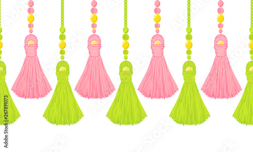 Vector seamless border pattern. Horizontal green tassels from green straw or yards, treads. Bright, colorful summer design, perfect for ribbons, dividers, greeting cards, celebrate decoration
