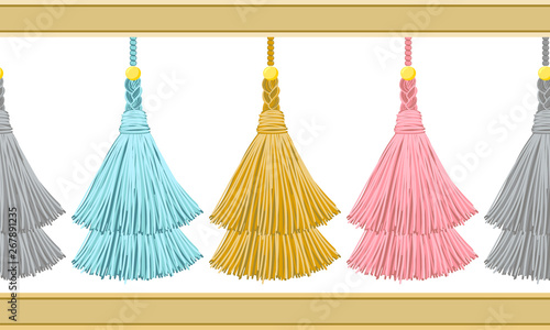 Seamless border pattern, abstract vector elements for design. Horizontal tassels from yarn or tread with beads and braid on cords, flat macrame style. Punchy pastel colors – blue, pink, green, yellow