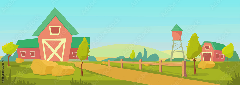 Agriculture. Farm rural landscape with red barn, house and ranch, water tower and haystack. Agriculture. Farm rural landscape with red barn, house and ranch, water tower and haystack.