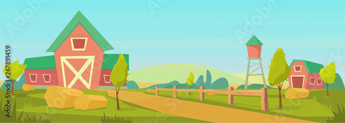 Agriculture. Farm rural landscape with red barn, house and ranch, water tower and haystack.