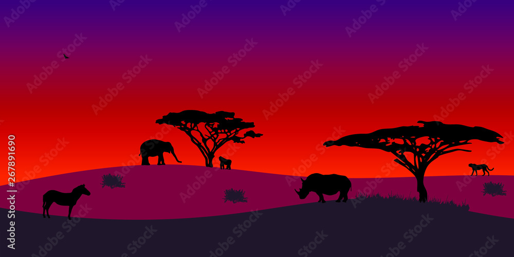 African savanna landscape. Wild animals in National park. Safari travel concept.